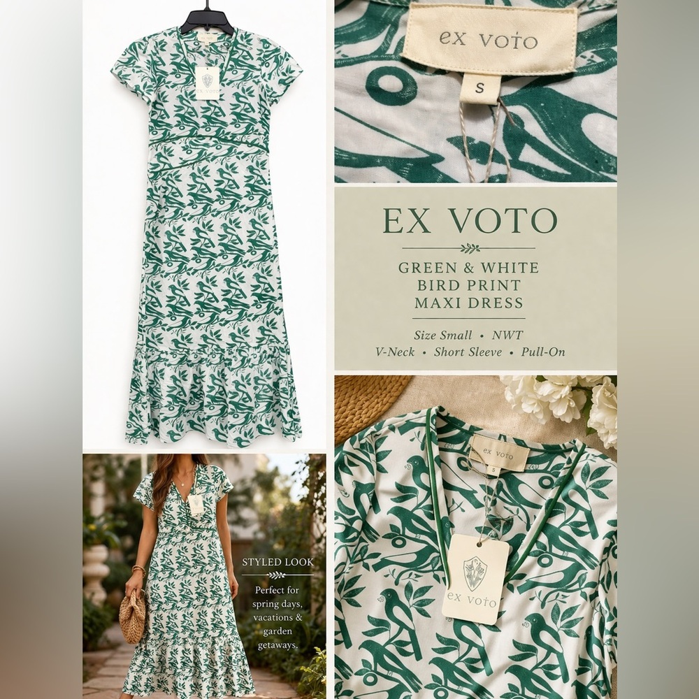 Ex Voto Bird Print Boho Cotton Midi Dress Green White Vacation Cottagecore NWT - Picture 4 of 8